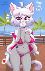 acstlu anthro beach bestiality bra choker curvy dialogue edit english_text feline furry heart imminent_bestiality imminent_sex imminent_zoophilia jacket looking_at_viewer navel open_mouth palm_tree panties paw_tattoo pink_bra pink_eyes pink_panties robo_(robosylveon) robonya_(artist) sand shadow skimpy speech standing talking_to_viewer tattoo text water waterside white_fur white_hair zoophilia