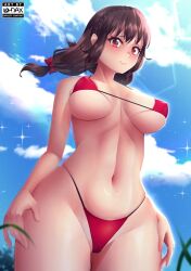 1girls bikini braided_hair brown_hair female female_only hair_ribbon kono_subarashii_sekai_ni_shukufuku_wo! long_hair looking_at_viewer ohdax red_eyes sky_background smiling smiling_at_viewer solo viewed_from_below yunyun_(konosuba)