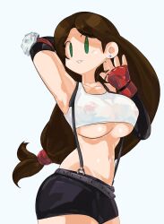 breasts brickshoes cosplay crop_top final_fantasy final_fantasy_vii fingerless_gloves nipples_visible_through_clothing ponytail shadowleggy short_shorts sole_female suspenders tifa_lockhart_(cosplay) underboob youtube youtuber_girl