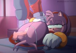 amy_rose anal anal_sex ass boots bracelet disembodied_penis dress furry gloves grin hairband kangarart kangarartnsfw legs_up looking_pleasured no_panties panties panties_down penetration penis pussy sega sonic_(series)