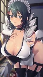 ai_generated black_eyes black_hair busty detached_sleeves hair_barrette hand_guards iroha maid maid_headdress maid_uniform samurai_shodown thighhighs