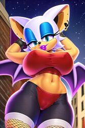 ai_generated alley alleyway anthro bat bat_wings big_breasts blue_eyes cameltoe chiropteran crop_top earrings female female_only fishnets hands_behind_head lipstick low-angle_view makeup mammal membranous_wings navel night night_sky novelai piercing purple_lipstick rouge_the_bat sega short_hair smile sonic_(series) sonic_the_hedgehog_(series) spandex textured_clothing thick_thighs tight_clothing tubetop underboob white_hair