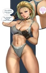 1girls ass blonde_hair blue_eyes calvin_klein cammy_white capcom choker cleavage dialogue english_text felox08 female female_only fingerless_gloves fit fit_female heart looking_at_viewer medium_hair solo speech_bubble sportswear street_fighter street_fighter_6 talking_to_viewer thick_thighs