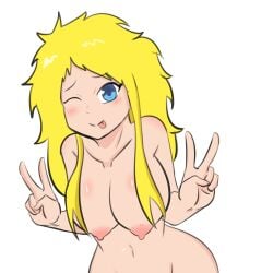 big_breasts blonde_hair blue_eyes elferdiart huge_breasts oc one_eye_closed original_character yellow_hair