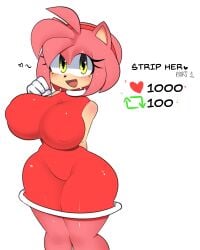 amy_rose anthro big_breasts blush breasts clothed clothing dress eulipotyphlan female furry gloves green_eyes hair_ornament headband heart hedgehog mammal mishythesheep nipple_bulge pink_fur pink_hair red_dress sega sonic_(series) strip_game thick_thighs wide_hips