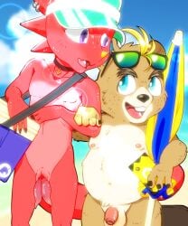 2_penises animal_crossing animal_genitalia animal_penis anthro beach beaver belly blonde_hair blue_eyes brown_body brown_fur c.j._(animal_crossing) chameleon diphallia diphallism duo eyewear flaccid flick_(animal_crossing) foreskin freckles fur genitals hair hemipenes hi_res lizard male male/male mammal mujina_uranoya multi_genitalia multi_penis navel nintendo nude nude_beach penis red_body red_scales reptile rodent scales scalie seaside slightly_chubby sunglasses