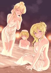 3girls ^_^ absurdres blonde_hair blurry blurry_background blush breasts clarice_(idolmaster) cleavage closed_eyes collarbone completely_nude covering green_eyes hair_bun highres idolmaster idolmaster_cinderella_girls kurosaki_chitose looking_at_viewer medium_breasts miyamoto_frederica multiple_girls nude nude_cover onsen partially_submerged red_eyes single_hair_bun smile soaking_feet steam tomawarinosuizou towel towel_on_head wading white_towel