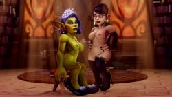 black_hair black_lipstick black_nails blue_eyes blue_hair blue_nails felibrina_everblast glasses gnome gnome_(warcraft) gnome_female goblin goblin_(warcraft) goblin_female green_eyes green_skin high_heels lizette_du_migglewix_(zaro3d) nipple_piercing nude nude_female stockings world_of_warcraft zaro3d