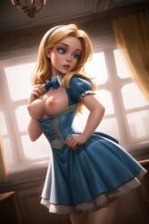 1girls ai_generated alice_(disney) alice_in_wonderland alice_in_wonderland_(1951_film) alice_liddell blonde_hair blue_eyes breasts disney headband solo tagme