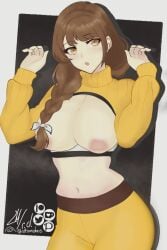 1girls :o braid breasts breasts_out brown_hair cleavage commentary_request cowboy_shot crop_top earrings female female_only fire_emblem fire_emblem_engage goldmary_(fire_emblem) hair_ribbon highres inverted_nipples jewelry large_breasts leggings long_hair looking_at_viewer midriff navel nintendo nipples open_mouth paid_reward_available pants ribbon rotomdocs shrug_(clothing) skindentation solo sommie_(fire_emblem) standing stomach turtleneck white_ribbon yellow_eyes yellow_pants