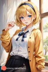 1girls ai_generated artsbuyu black_skirt blonde_hair blue_eyes blush cardigan collared_shirt headband hi_res medium_breasts original original_character school_uniform serafuku short_hair skirt stable_diffusion uniform white_shirt yellow_cardigan