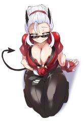 absurdres belt black_belt black_pants breasts cleavage demon_girl demon_tail female from_above gloves grey_eyes h_earth helltaker highres justice_(helltaker) large_breasts looking_over_eyewear looking_over_glasses looking_over_sunglasses necktie pants red_gloves red_shirt seiza shirt sitting smile sunglasses tail tinted_eyewear tomboy white_background white_hair