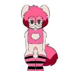 anthro brown_hair clothed clothing domestic_cat ears_up erection eyewear felid feline felis girly glasses hair hi_res legs_together legwear male mammal pattern_clothing pink_clothing pink_hair sitting solo striped_clothing stripes tail thigh_highs zolnix