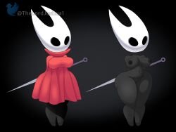 absurd_res anthro arachnid areola arthropod belly black_background black_nipples breasts clothed clothed/nude clothing curvy_female curvy_figure dark_body dress female female_focus genitals hands_behind_back hi_res hollow_knight hornet_(hollow_knight) mask melee_weapon navel nipples nude pussy red_clothing red_dress short_stack shortstack simple_background solo spider sword team_cherry thelordjoshua thick_thighs watermark weapon white_mask wide_hips