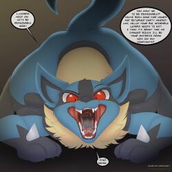 absurd_res anthro balls blue_body blue_fur bodily_fluids duo english_text eyeofcalamity fur generation_4_pokemon genitals hi_res lucario male nintendo penis pokemon pokemon_(species) red_eyes saliva teeth text tongue vore