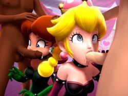 2boys 2girls 3d 3d_(artwork) absurdly_large_cock alternate_version_at_source blonde_hair blowjob blue_eyes brown_hair cross_eyed cum dick_in_face freckles gloves goth goth_girl heart interracial leotard looking_up mario_(series) netorare new_super_mario_bros._u_deluxe ntr onmodel3d oral_sex partial_male peachette princess_daisy red_hair self_upload slave_outfit sucking_penis super_crown super_mario_bros. sweat sweatdrop tagme toadette