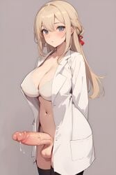 ai_generated balls blonde_hair blue_eyes breast coat erection futa_only futanari lab_coat labcoat looking_at_viewer penis precum scientist skif45 veiny_penis