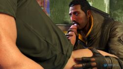 2boys 3d blowjob facial_hair fingerless_gloves goyo_(rainbow_six) interracial looking_up_at_partner male/male male_only mexican rainbow_six rainbow_six_siege reluctant rtyfia thick_penis ubisoft