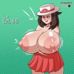 !! 2023 arms_behind_back blush breast_expansion breast_growth breasts brown_eyes brown_hair gnkpart hat huge_breasts leaf_(pokemon) nipple_bulge nipples pokemon pokemon_frlg skirt slim_waist