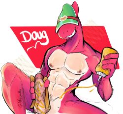 4_fingers anthro balls brawl_stars dinosaur doug_(brawl_stars) gay hi_res hot_dog male male_only masturbation muscles penis scalie supercell tagme