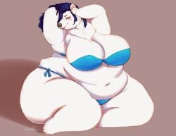 2017 anthro arched_back arms_above_head bear bedroom_eyes belly big_belly big_breasts bikini blush bottomwear breasts chest_tuft cleavage clothed clothing curvy_figure dated deep_navel digital_media_(artwork) female furry hair half-closed_eyes huge_breasts huge_thighs long_hair mammal midriff muttninja narrowed_eyes navel obese obese_anthro overweight overweight_anthro overweight_female polar_bear seductive signature simple_background skimpy smile solo swimwear thick_thighs topwear tuft ursine wide_hips