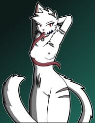 anthro breasts collar felid female fur genitals glowing glowing_eyes hands_behind_head hi_res long_tongue mammal miksu4542 neck_tuft notched_ear one_ear pussy red_eyes scar scars_all_over small_breasts solo tongue tuft white_body white_fur