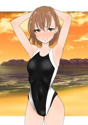 alternate_version_available beach blush brown_eyes brown_hair misaka_mikoto orange_background sky smile sunset swimsuit swimwear teenage_girl teenager to_aru_kagaku_no_railgun to_aru_majutsu_no_index young zetsurin1226