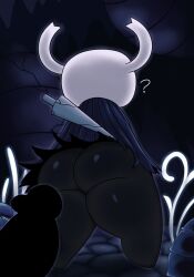 ? anthro arthropod ass ass_focus big_butt black_body bulge cave cloak cloak_only clothing duo gay genital_outline genitals hi_res hollow_knight horn imminent_sex male male/male nail_(hollow_knight) penis penis_outline protagonist_(hollow_knight) question_mark rear_view shade_(hollow_knight) shell stones team_cherry thick_thighs throbbing throbbing_penis weapon weapon_on_back zlut385