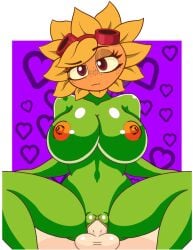 anthro artist_request big_breasts edit female gabviz green_skin human_on_plantie humanoid looking_at_viewer male plant plant_girl plant_humanoid plantie plants_vs_zombies shiny_skin solar_flare_(pvz) spread_legs sunflower_(pvz) vaginal_penetration