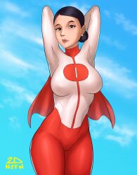 2dnsfw asian asian_female big_breasts black_hair clothed debbie_grayson deborah_grayson earrings female female_only human human_only invincible invincible_(tv_series) light-skinned_female light_skin mature mature_female milf omni-man_(cosplay) solo solo_female suit superhero superheroine voluptuous voluptuous_female wide_hips