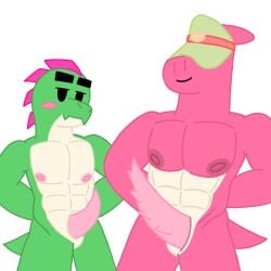 2boys brawl_stars buzz_(brawl_stars) buzz_x_doug cum dinosaur doug_(brawl_stars) furry furry_only gay mrgatuber muscles no_humans penis showing_penis supercell velociraptor