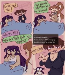 !? 1boy 2girls 4_panel_comic :3 after_surgery artist_name bed big_breasts black_shirt blush blush_lines blushing breasts brown_hair busty busty_boy chat chat_box chat_log cleavage comic dialogue doki_doki_literature_club english_text fang female green_eyes huge_breasts large_breasts long_hair looking_at_viewer male male_boobs male_breasts male_with_breasts mc_(doki_doki_literature_club!) meme monika_(doki_doki_literature_club) mouth_open multiple_girls name_in_dialogue open_mouth panels ponytail purple_eyes purple_hair ribbon shirt short_hair surgery text thejuicedbox top_heavy white_ribbon yuri_(doki_doki_literature_club)