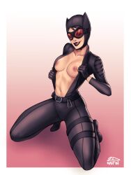 2dnsfw 2dswirl areola areolae batman:_the_telltale_series batman_(series) big_breasts black_hair breasts catwoman catwoman_(telltale) clothed cowl dc_comics exposed_breasts female female_only googles licking_lips light-skinned_female light_skin open_topwear selina_kyle telltale_games