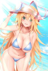 beach belly bikini black_magician_girl blush_stickers dark_magician_girl holding_hat huge_breasts looking_at_viewer navel smile squeezing_breast thighs wet wet_skin yu-gi-oh!