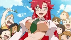 anaxus breasts breasts_out female_focus glasses looking_at_viewer nipples red_hair solo_focus teacher tengen_toppa_gurren-lagann tengen_toppa_gurren_lagann tie yoko_littner yomako