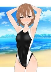 beach blue_background blush brown_eyes brown_hair misaka_mikoto sky smile swimsuit swimwear teenage_girl teenager to_aru_kagaku_no_railgun to_aru_majutsu_no_index young zetsurin1226