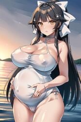 1girls ai_generated azur_lane beach breasts dark_hair female female_only huge_breasts large_breasts light-skinned_female looking_at_viewer pregnant pregnant_belly pregnant_female swimsuit takao_(azur_lane) takao_(beach_rhapsody)_(azur_lane) visible_nipples white_ribbon yellow_eyes