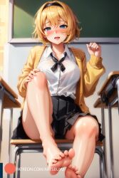 1girls ahe_gao ai_generated artsbuyu black_skirt blonde_hair blue_eyes blush cardigan collared_shirt embarrassed feet female female_only foot_fetish foot_worship headband hi_res medium_breasts open_mouth original original_character school_uniform serafuku short_hair sitting skirt solo stable_diffusion uniform white_shirt yellow_cardigan