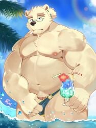 1boy ameno_mikazuki anthro bear belly bored_expression cigarette clothing eyebrows eyewear flaccid fur genitals glasses hi_res leib_(tokyo_afterschool_summoners) lifewonders male male_only mammal musclegut navel nipples partially_submerged pecs penis penis_base polar_bear smoking solo speedo speedo_down swimwear thick_eyebrows tokyo_afterschool_summoners tropical_beverage ursine white_body white_fur