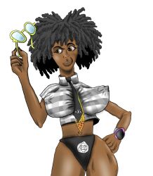 black_hair brown_eyes dark-skinned_female doctor_slone fortnite looking_to_the_side nipples_visible_through_clothing panties smirk solo