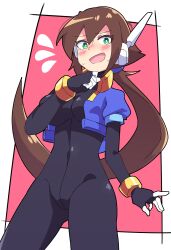 aile bodysuit breasts brown_hair buzzlyears mega_man mega_man_zx_advent navel no_pants ponytail skin_tight