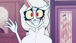 2023 accurate_art_style big_breasts blonde_hair camera charlie_morningstar_(hazbin_hotel) edit female female_only hazbin_hotel mrmelted nervous nervous_smile nude nude_female red_eyes screenshot screenshot_edit smile smiling smiling_at_viewer vivienne_medrano vivziepop youtube