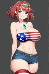 1girls ai_generated american_flag american_flag_legwear bimbo bimbo_body bimbofication bimbofied cleavage core_crystal denim_shorts grin hair_ornament looking_at_viewer nai_diffusion patriotism pyra red_hair robofun short_shorts shorts sneakers stable_diffusion star_print strapless striped_legwear teeth thighhighs thighs tiara tubetop xenoblade_(series) xenoblade_chronicles_2