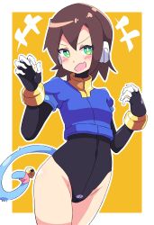 1girls aile blush bodysuit brown_hair buzzlyears cat_tail leotard mega_man mega_man_zx navel skin_tight