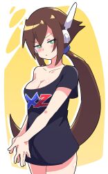 1girls aile blush breasts brown_hair buzzlyears cleavage mega_man mega_man_zx_advent ponytail shirt