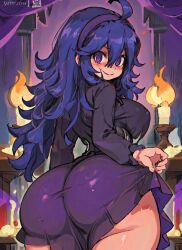 1girls ahoge ai_generated aroused ass ass_focus big_ass big_breasts blush candle dress dress_lift from_behind ghost goth hairband hex_maniac hi_res horny huge_ass large_ass large_breasts looking_back mabi_ai messy_hair pokemon purple_eyes purple_hair thick_thighs wide_hips