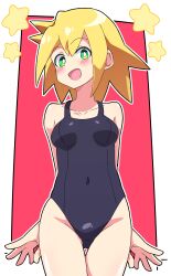 1girls bangs blonde_hair blush breasts buzzlyears mega_man mega_man_legends navel one-piece_swimsuit roll_caskett swimsuit