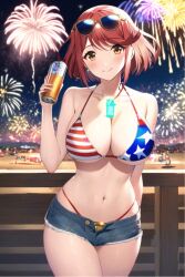 1girls ai_generated alcohol alcoholic_beverage alcoholic_drink american_flag american_flag_bikini beach beer core_crystal eyewear_on_head fence fireworks happy nai_diffusion night ocean pyra red_hair robofun smile stable_diffusion sunglasses_on_head xenoblade_(series) xenoblade_chronicles_2