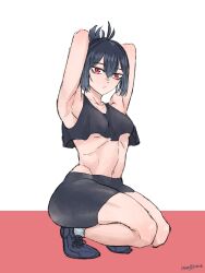 1girls armpits arms_up black_clover black_hair clothed clothed_female crop_top female light-skinned_female light_skin looking_at_viewer secre_swallowtail skwd small_breasts sports_shorts sportswear squatting thick_ass thick_thighs toned toned_female underboob