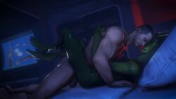 2018 3d_(artwork) absurd_res alien amphibian balls bara bed bedding bedroom bedroom_sex bioware captain_kirrahe closed_eyes commander_shepard digital_media_(artwork) duo embrace from_front_position furniture gay genitals hands_on_partner's_back heads_together hi_res hug hugging_partner human humanoid leg_wrap lying male male/male male_only male_penetrated male_penetrating male_penetrating_male maleshep mammal mass_effect missionary_position nude on_back open_mouth penetration penis pillow romantic romantic_couple romantic_sex rooking salarian sex source_filmmaker